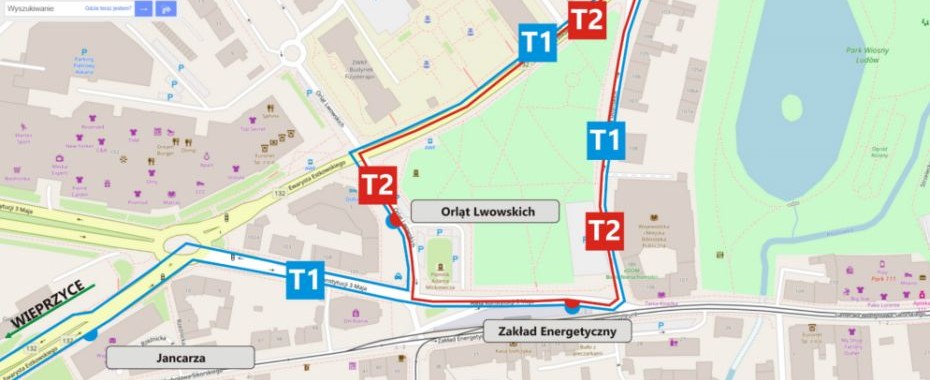 Autobusy T2 i T1 przez Kosynierów